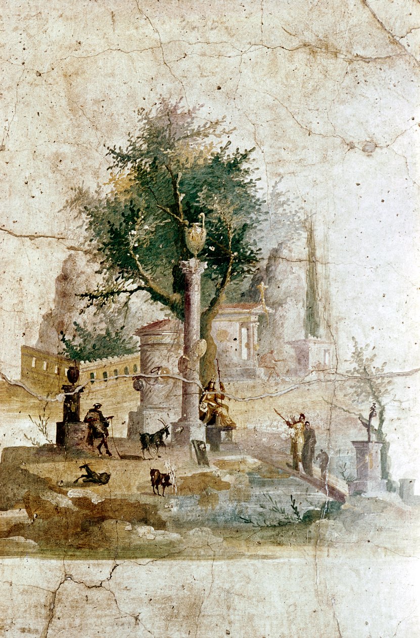 Römische Wandmalerei einer mythischen Landschaft, Villa des Agrippa Postumus, nahe Pompeji, Italien von Unbekannt