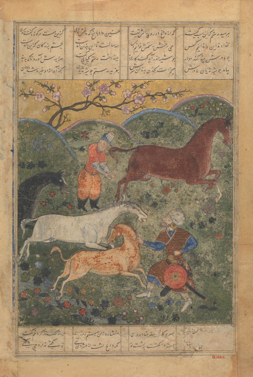 Rustam fängt das Pferd Rakhsh, Folio aus einem Shahnama Buch der Könige von Unbekannt