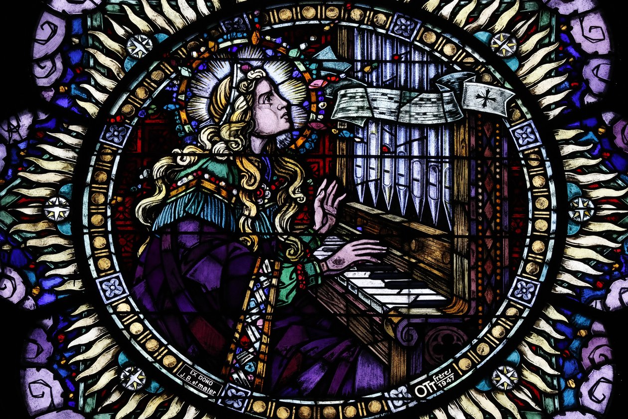 Saint-Pierre-le-Jeune katholische Kirche. Rosettenfenster. Sancta Cecilia, die Schutzpatronin der Musiker. Straßburg, Frankreich von Unbekannt