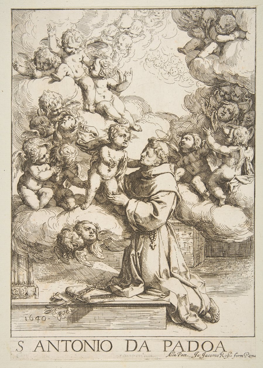 Der heilige Antonius von Padua, der das Christkind anbetet, Kopie nach Cantarini, 1640 von Unbekannt