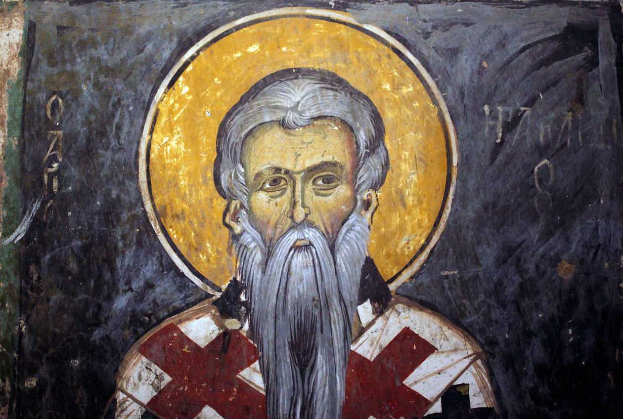 Der heilige Iraklion (Heraklion) Byzantinisches Fresko aus dem Agios Ioannis Lampadistis Kloster, Heiliger Johannes Lampadistis 11. Jahrhundert Zypern Bemalte Kirchen UNESCO-Stätte Troodos, Zypern von Unbekannt