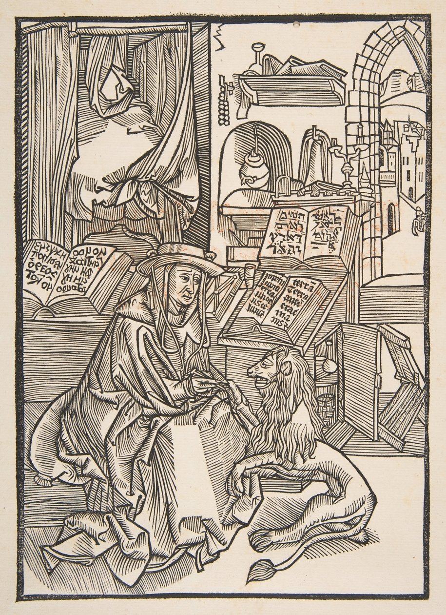 Heiliger Hieronymus zieht einen Dorn aus dem Fuß des Löwen, Lyon 1508 Kopie, n.d. von Unbekannt