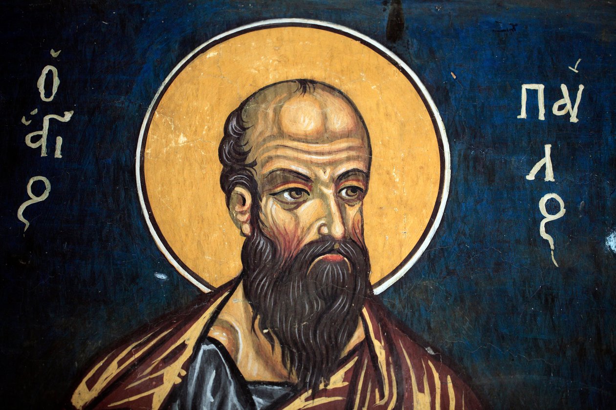 Heiliger Paulus: Byzantinisches Fresko aus dem 14. Jahrhundert (1332) Narthex, Südwand der Phorbiotissa-Jungfrauenkirche, Asinou UNESCO-Stätte, Troodos-Region, Zypern. von Unbekannt