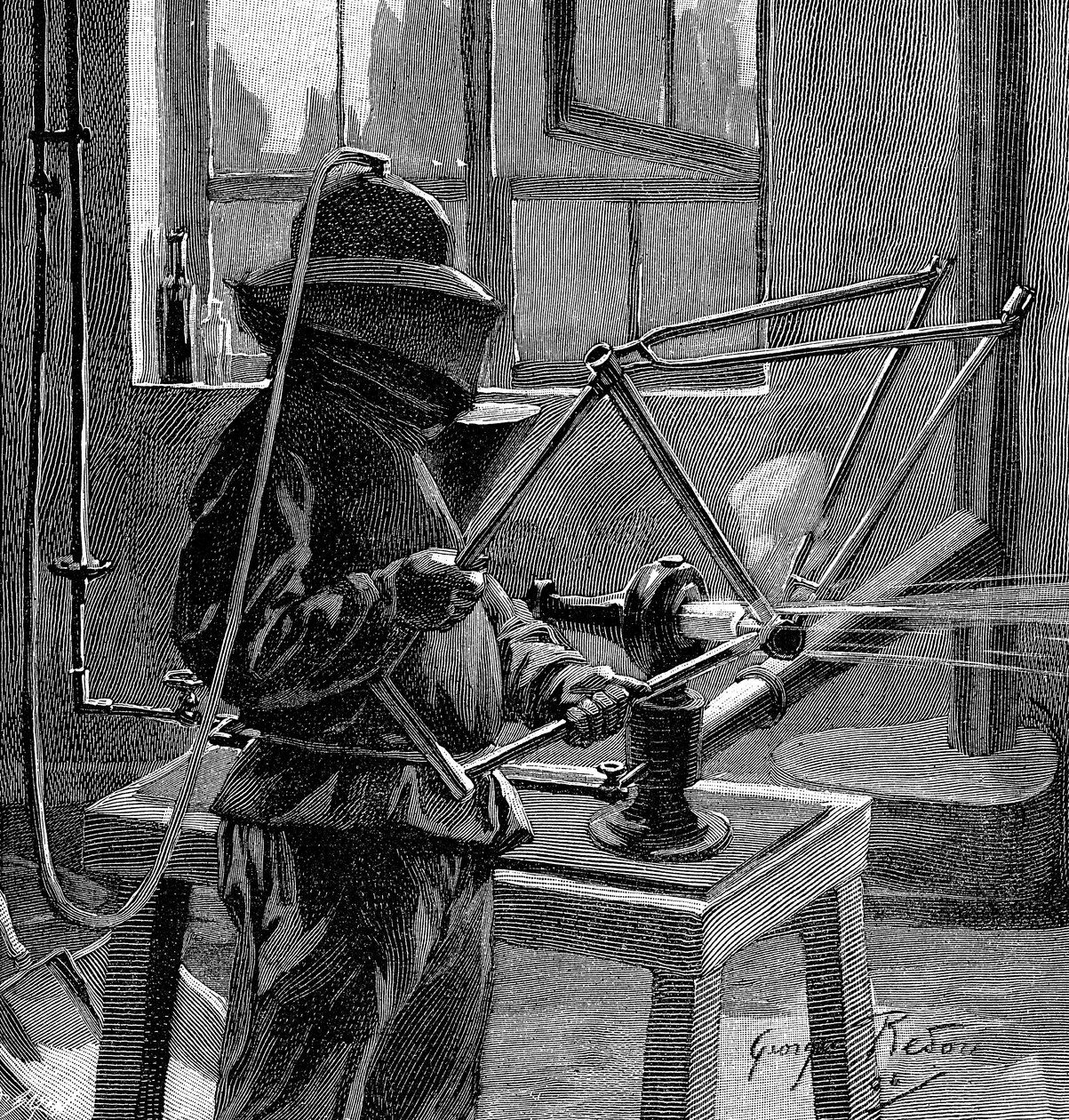 Sandstrahlen der Verbindungen eines Fahrradrahmens, Frankreich, 1896 von Unbekannt