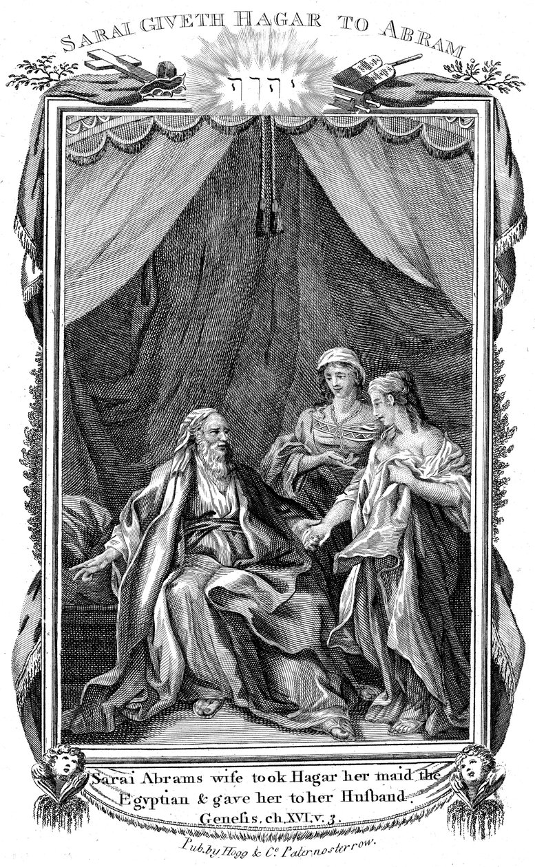 Sarah, Abrahams Frau, bietet Hagar, ihre Magd, ihrem Mann an, da sie unfruchtbar ist, um 1804 von Unbekannt