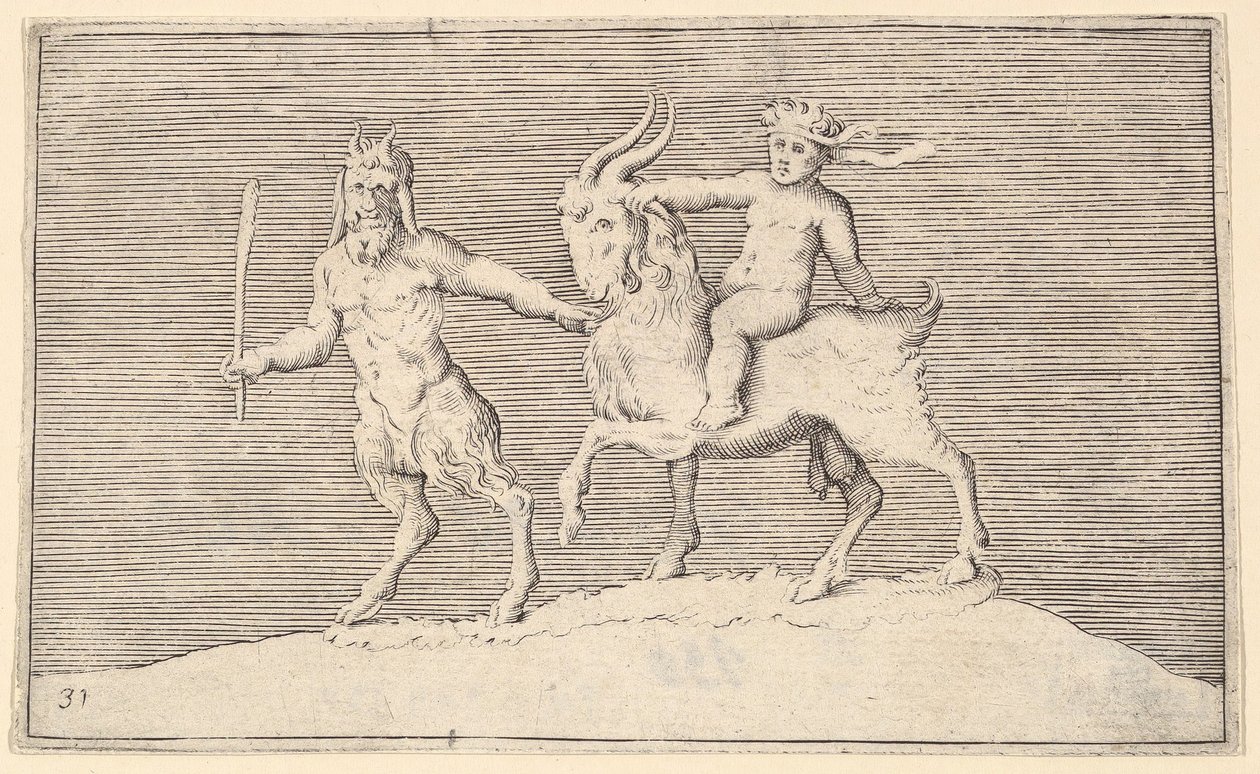 Satyr führt Ziege, auf der ein Kind reitet, veröffentlicht ca. 1599-1622 von Unbekannt