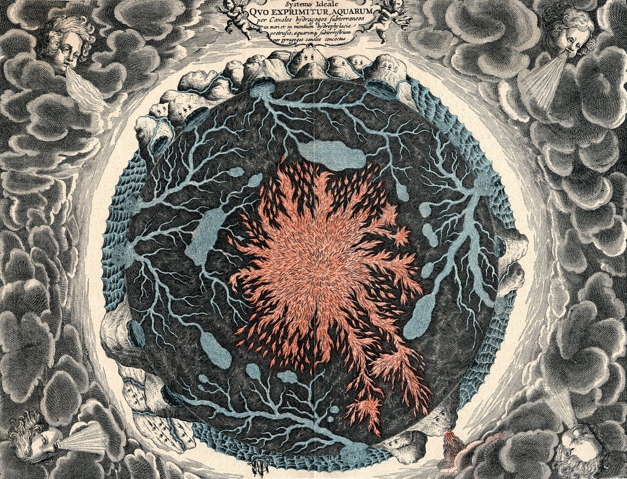 Querschnitt der Erde, zeigt zentrales Feuer und unterirdische Kanäle, die mit den Ozeanen verbunden sind, 1665 von Unbekannt
