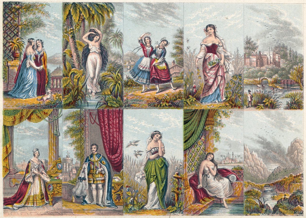Serie von Ansichten und Figuren, einschließlich eines Porträts von Königin Victoria und Prinz Albert, 1851 von Unbekannt