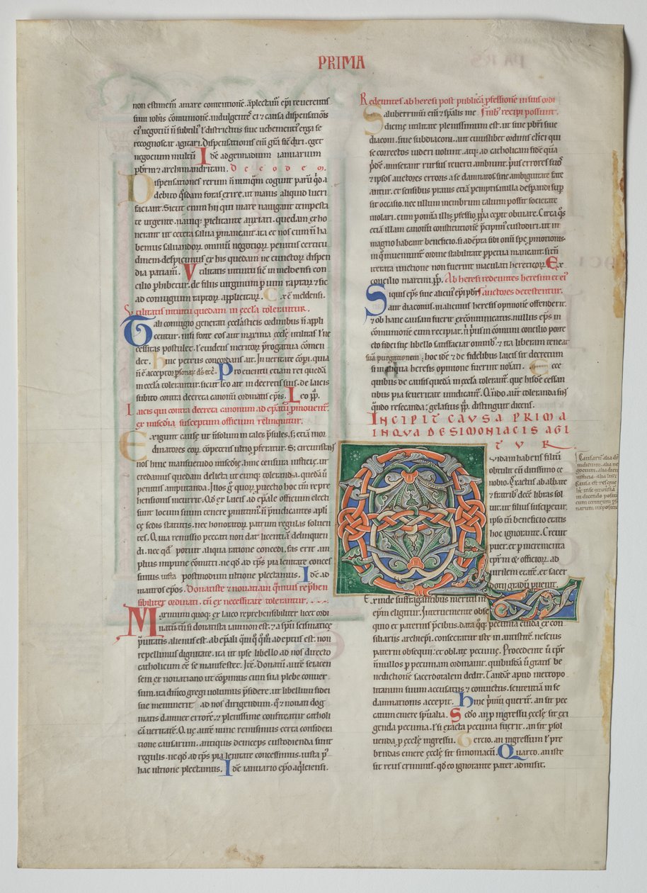 Einzelblatt aus einem Dekret von Gratian: Verzierte Initiale Q[uidam habens filium obtulit]..., ca. 1160 von Unbekannt
