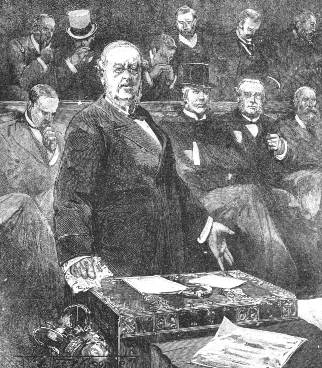 Sir William Harcourt kündigt den Rücktritt der Regierung von Lord Rosebery an, 1895, 1901 von Unbekannt