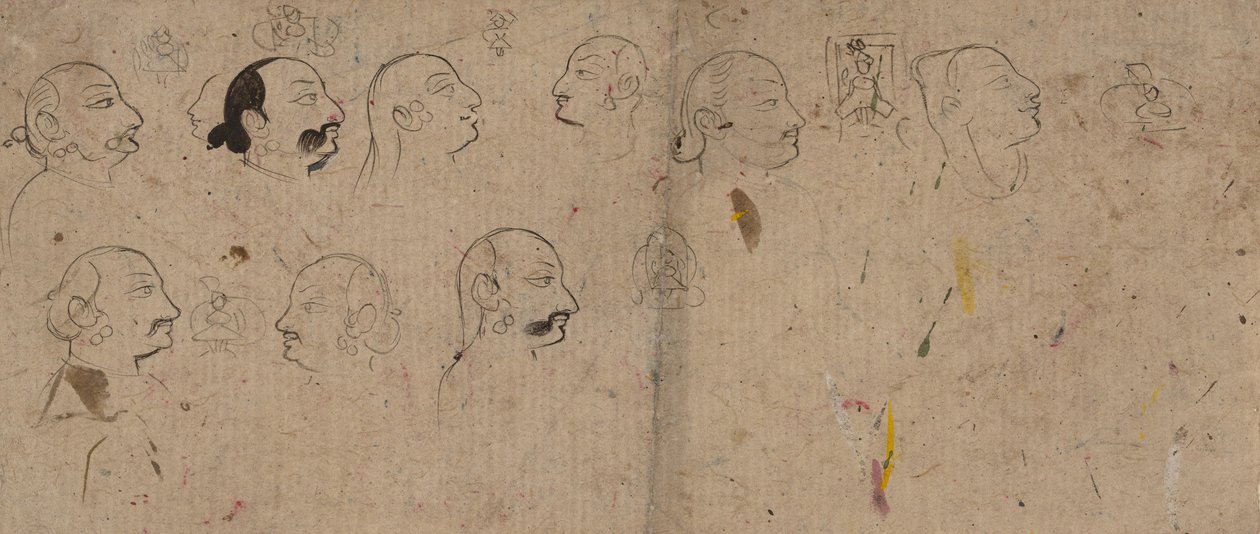 Skizzenseite mit Gesichtsstudien, wahrscheinlich Maharao Kishor Singh, ca. 1830 von Unbekannt