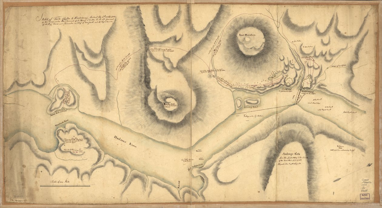 Skizze der Forts Clinton & Montgomery, gestürmt am 6. Oktober 1777 von den Truppen unter dem Kommando von Sir Henry Clinton, K.B., Generalleutnant der H. Maj. Streitkräfte und Oberbefehlshaber von New York und seinen Abhängigkeiten von Unbekannt