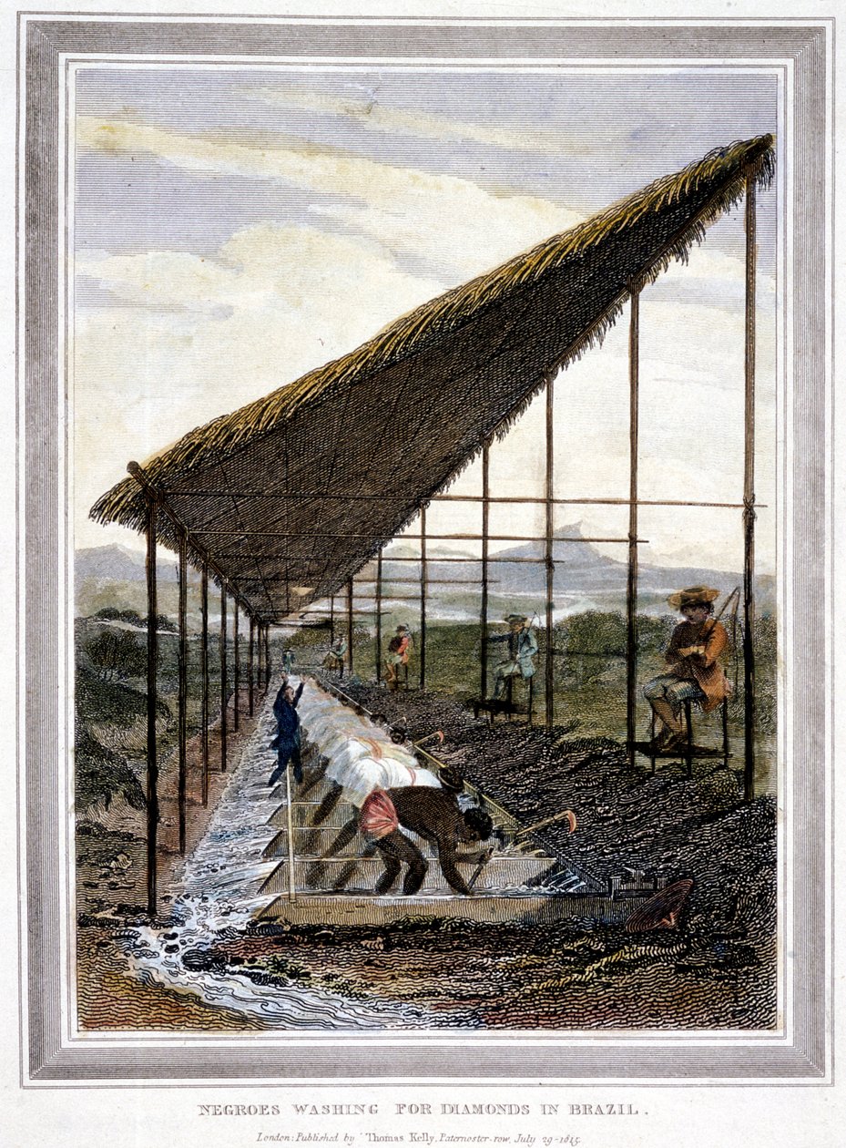 Sklaven waschen Diamanten unter Aufsicht von Aufsehern mit Peitschen, Brasilien, 1815 von Unbekannt