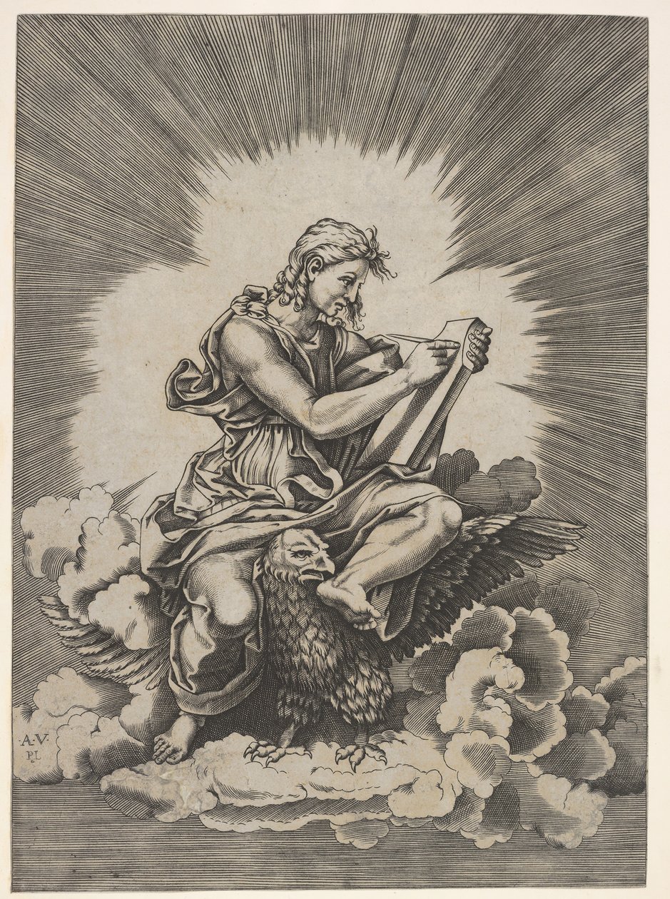 St. Johannes, sitzend und ein Schreibgerät haltend, ein Adler mit ausgebreiteten Flügeln, nach 1518 von Unbekannt