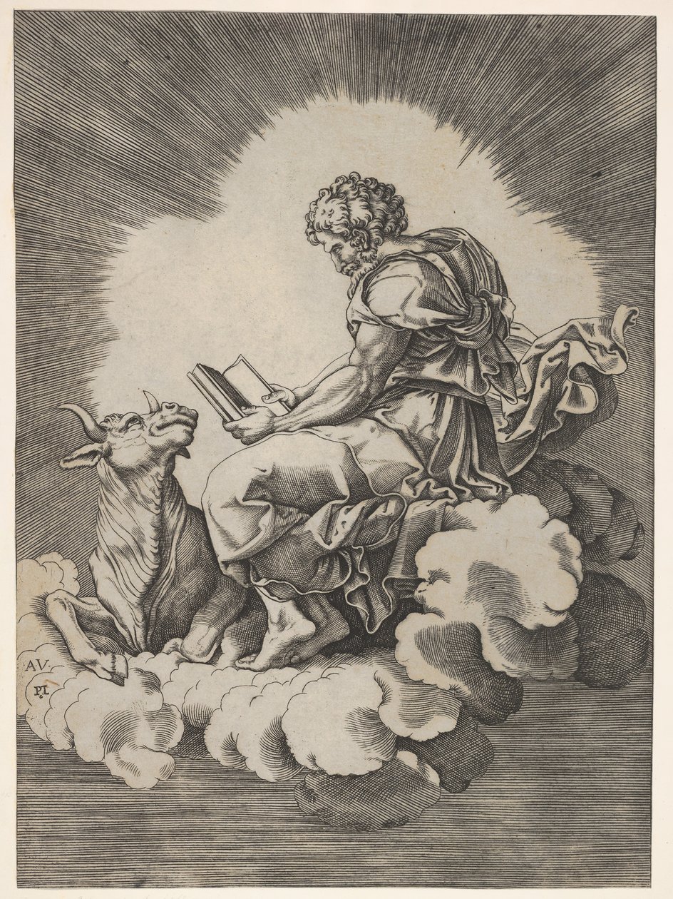 St. Lukas, sitzend auf einer Wolke mit einem offenen Buch in beiden Händen, ein Stier liegt zu seinen Füßen, nach 1518 von Unbekannt