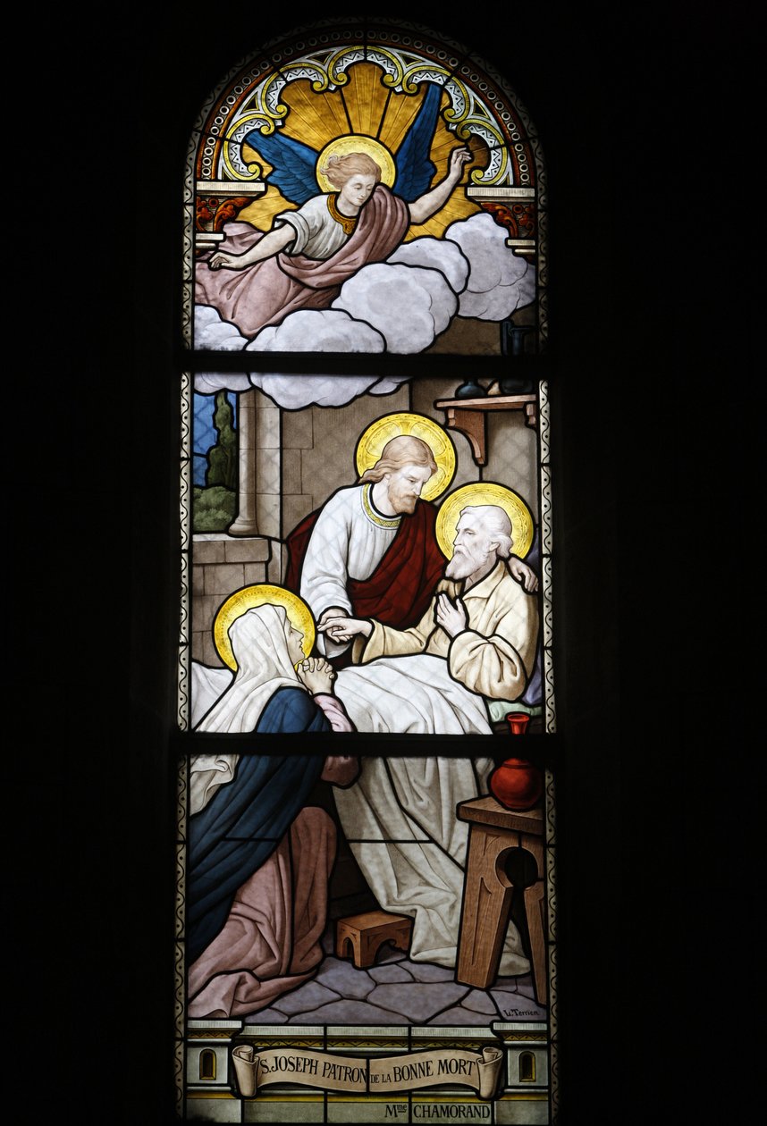 Buntglas in der Notre Dame du Rosaire katholischen Kirche: Heiliger Josef, Schutzpatron des Todes, Saint-Ouen, Frankreich von Unbekannt