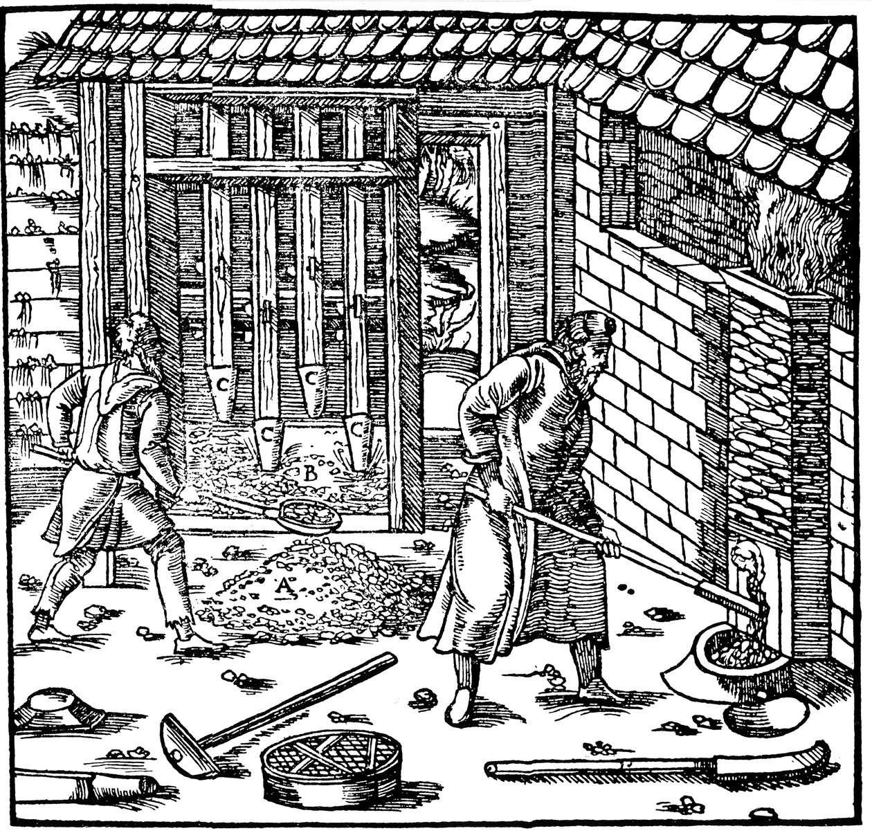 Erzstempeln und Rösten zur Metallgewinnung, 1556 von Unbekannt