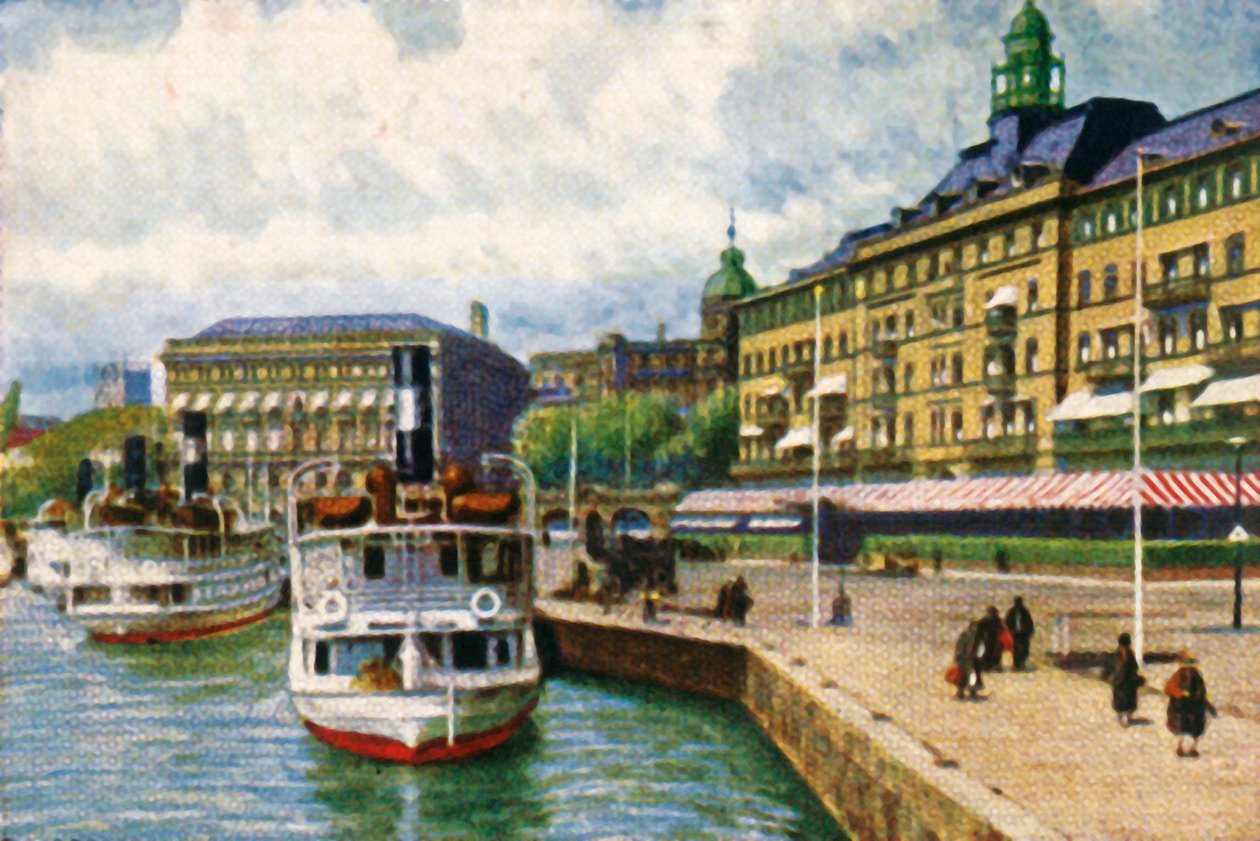 Dampfschiff am Kai beim Grand Hotel, Stockholm, um 1928 von Unbekannt