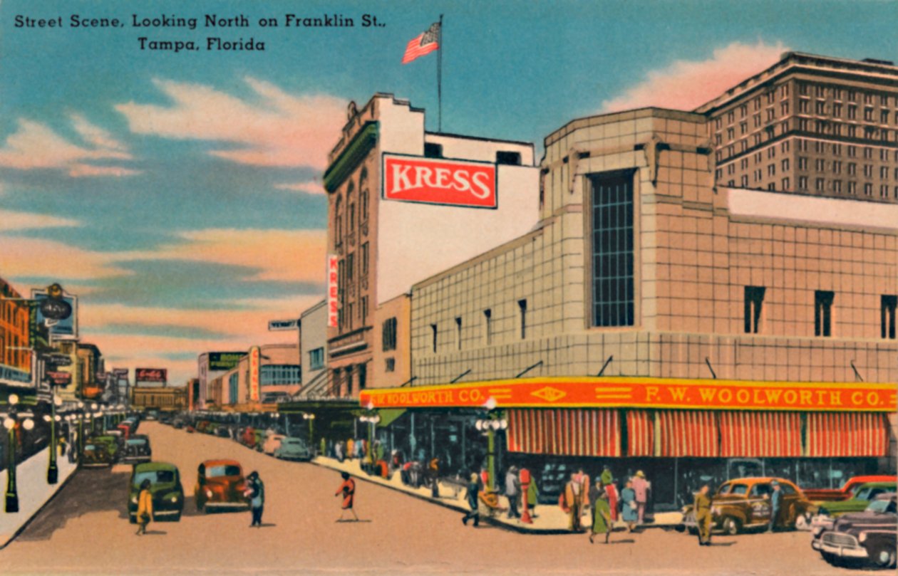 Straßenszene, Blick nach Norden auf die Franklin St., Tampa, Florida, ca. 1940er Jahre von Unbekannt