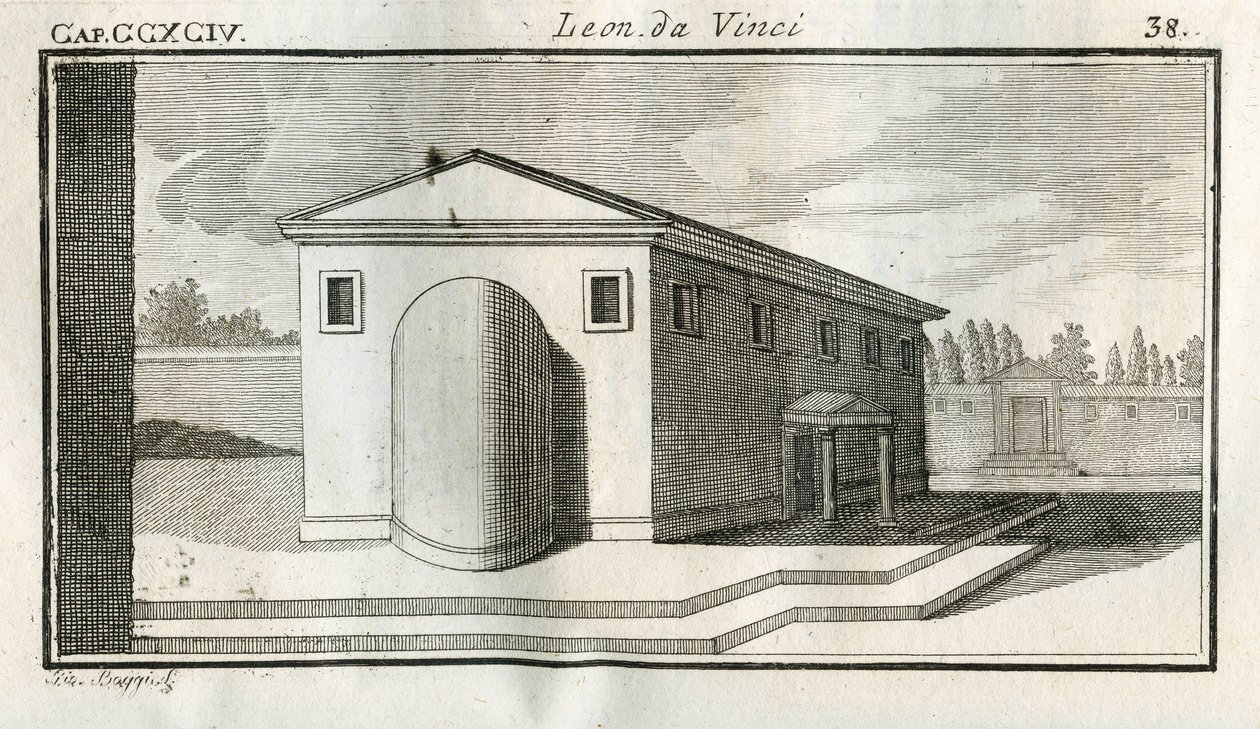 Studien zur Überlagerung von Gebäuden. „Wenn die Körper mit konvexer Oberfläche über anderen Körpern gleicher Farbe enden, erscheint das Ende des Konvexen dunkler.“ Stich aus „Traktat der Malerei“ von Leonardo da Vinci (Leonard de Vinci) von Unbekannt