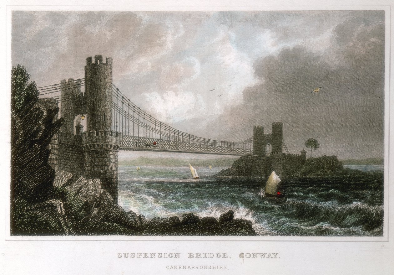 Hängebrücke über die Conwy-Mündung, Wales, um 1840 von Unbekannt