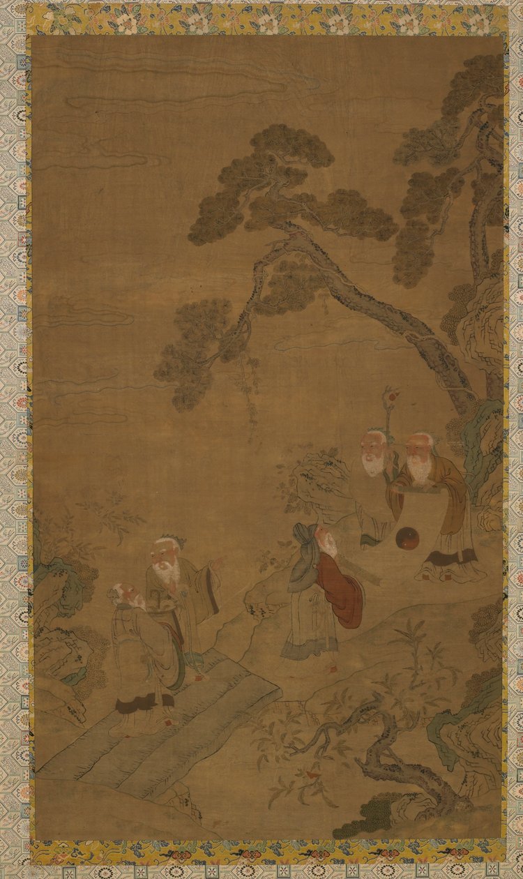 Wandteppich: Fünf Weise in einem Garten unter Kiefern, Ming-Dynastie bis Qing-Dynastie, 1368-1911 von Unbekannt
