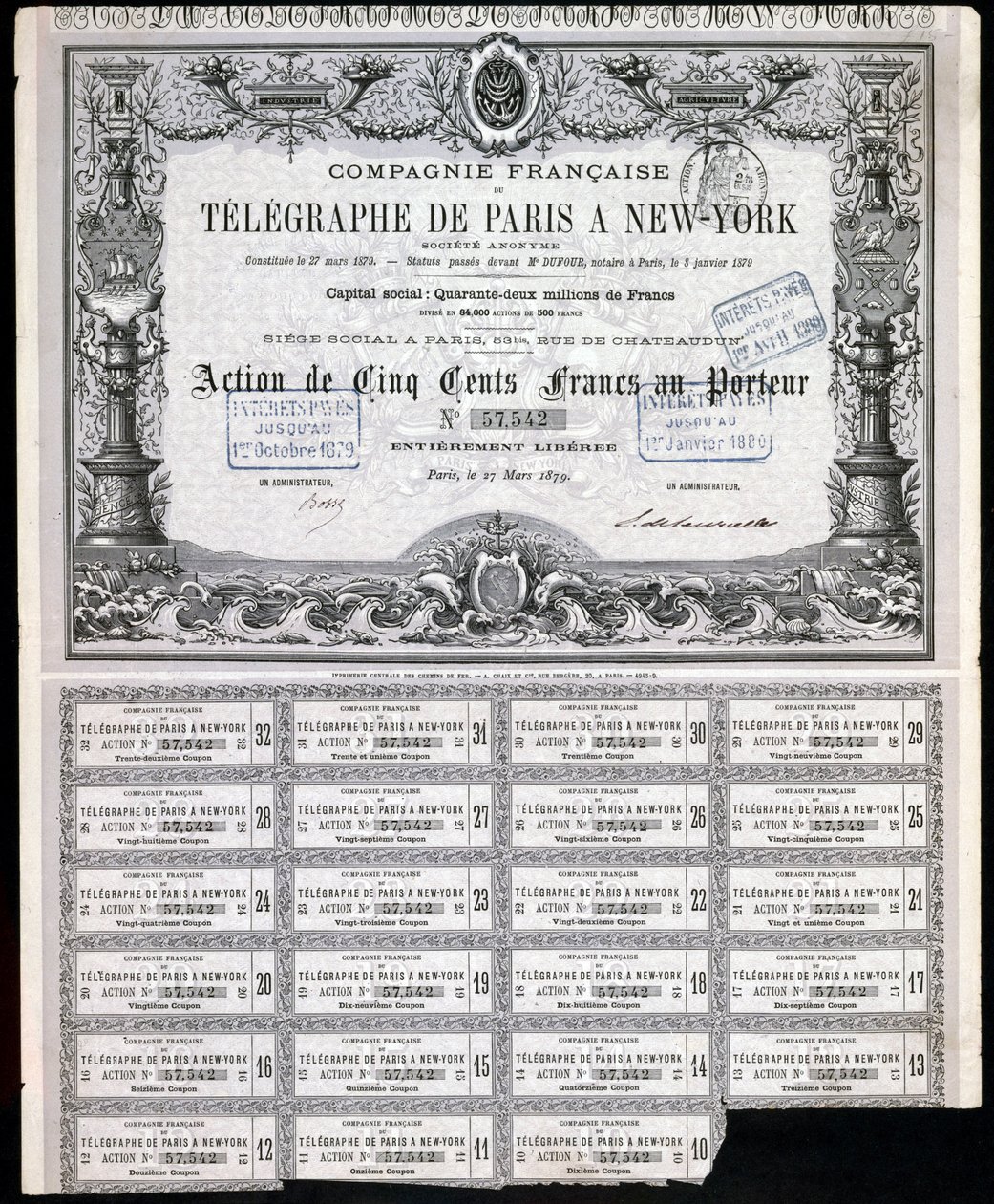 Telegraphie, General Paris-New York Telegraph Aktienzertifikat, 27. März 1879 von Unbekannt