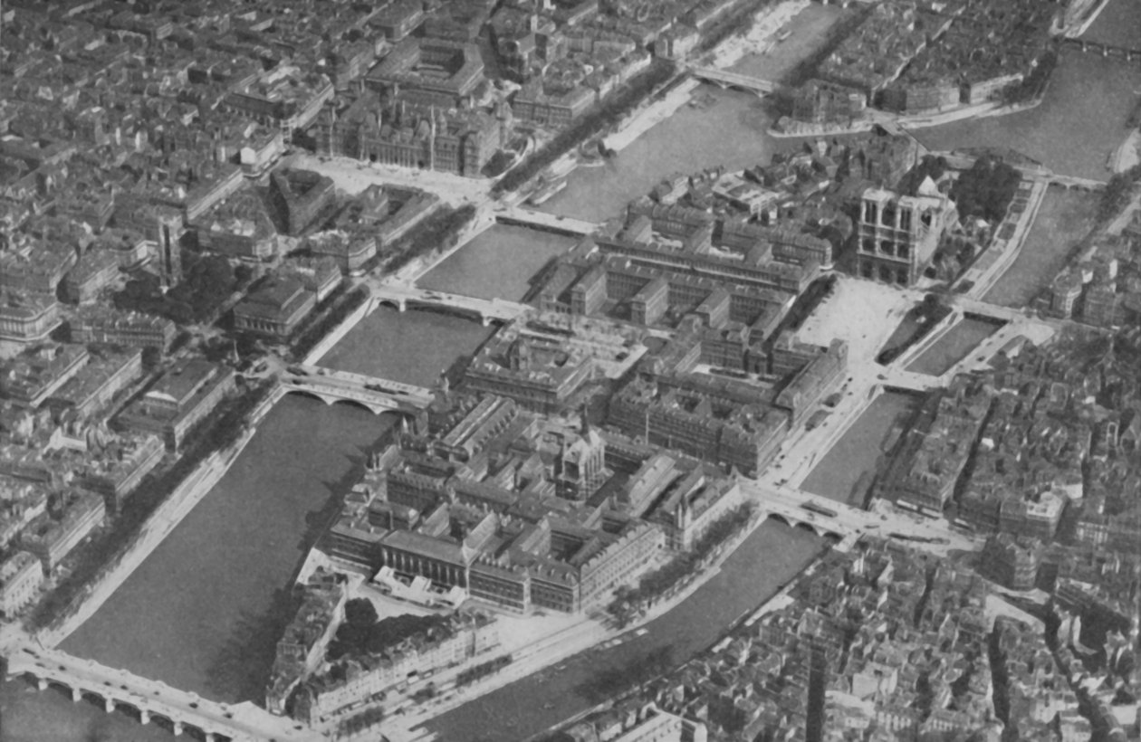 Die alte Inselherz von Paris mit seinen neun Brücken aus der Luft gesehen, ca. 1935 von Unbekannt