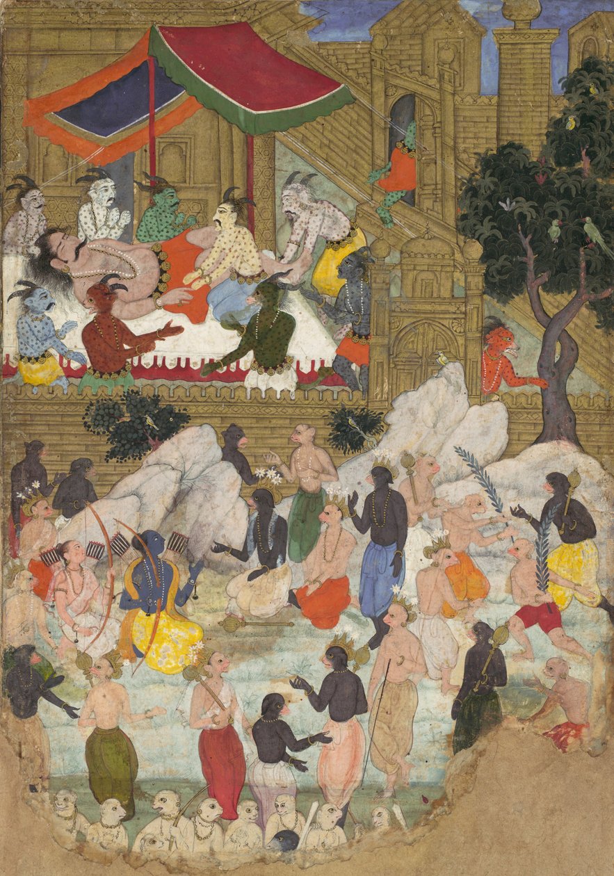 Das Erwachen von Kumbhakarna in der Goldenen Stadt Lanka, Folio aus einem Ramayana von Unbekannt