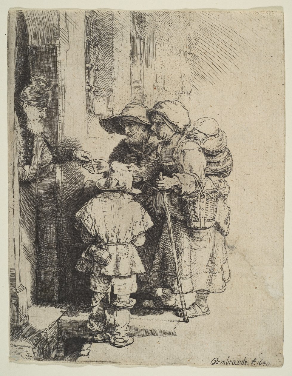 Der blinde Leierkastenmann und seine Familie erhalten Almosen, 1648 von Unbekannt