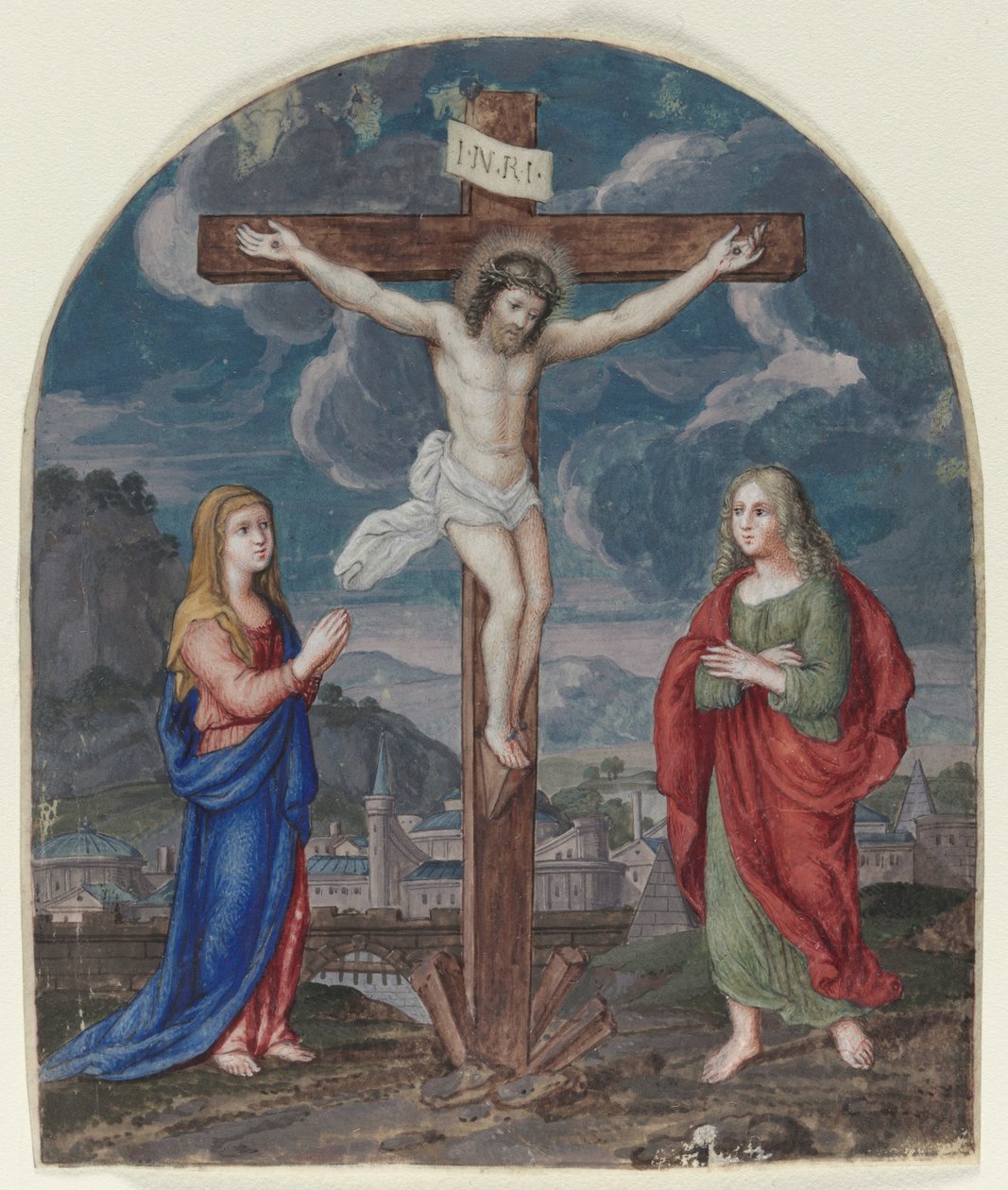 Die Kreuzigung: Miniatur aus einem Gebetbuch ausgeschnitten, ca. 1540-1550 von Unbekannt