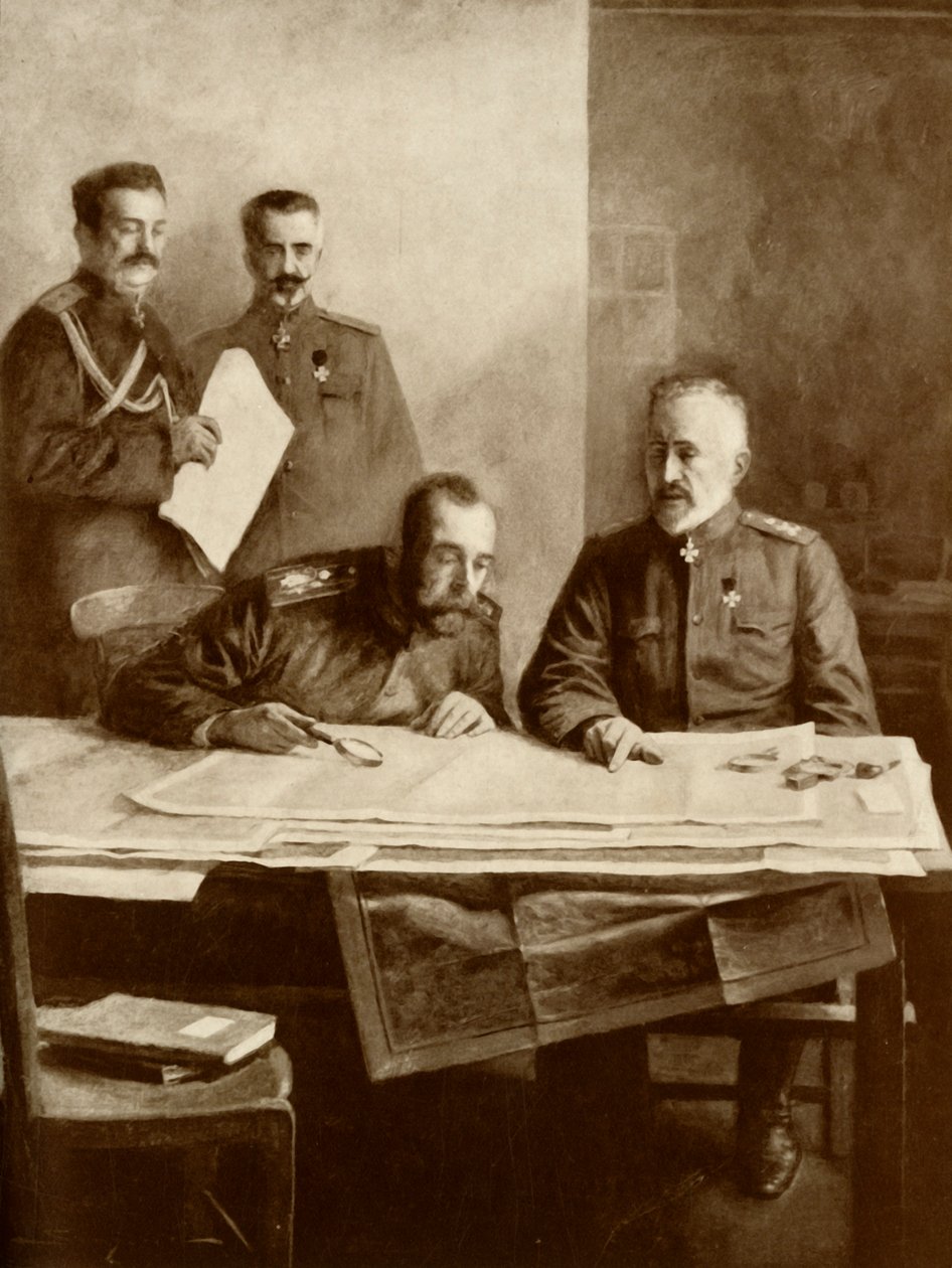 Der Kaiser von Russland mit dem Großherzog Nikolaus an der Front, 1916 von Unbekannt