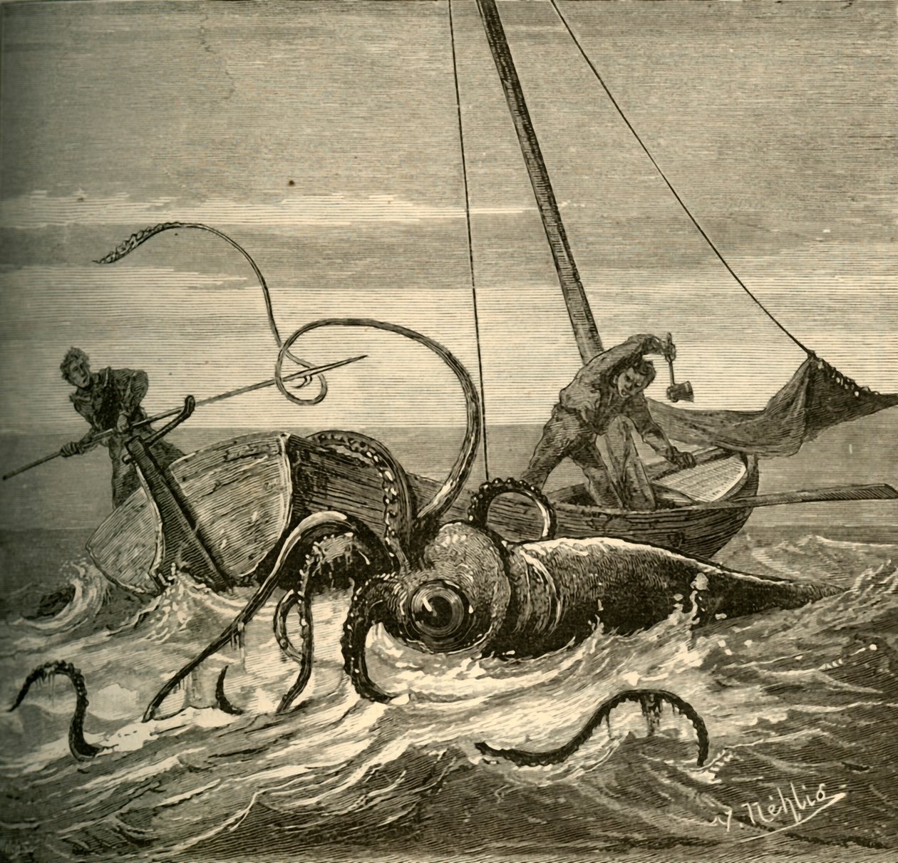 Die Fischer kämpfen mit dem Riesenkalmar, 1881 von Unbekannt