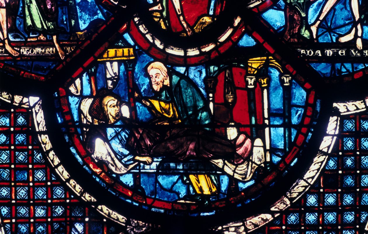Der barmherzige Samariter kümmert sich um den Pilger, Buntglasfenster, Kathedrale von Chartres, Frankreich, 1205-1215 von Unbekannt