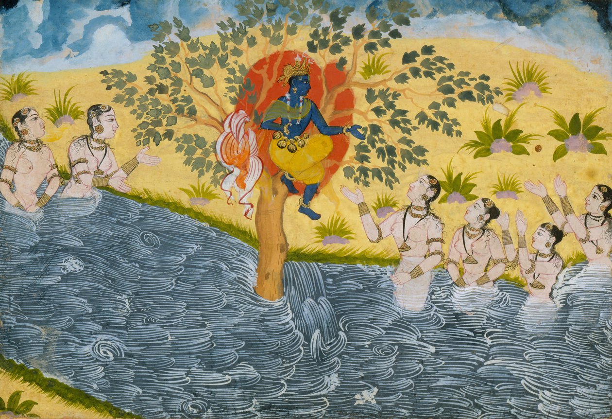 Die Gopis bitten Krishna, ihre Kleidung zurückzugeben, Seite aus einem Bhagavata Purana..., ca. 1610 von Unbekannt