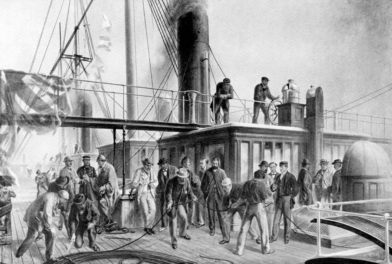 Die Great Eastern birgt das verlorene Atlantikkabel, 1866, um 1920 von Unbekannt