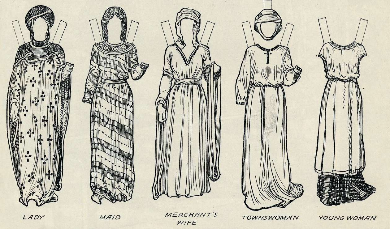 Die Große Galerie der britischen Kostüme: Verschiedene Kleider aus der normannischen Zeit, um 1934 von Unbekannt