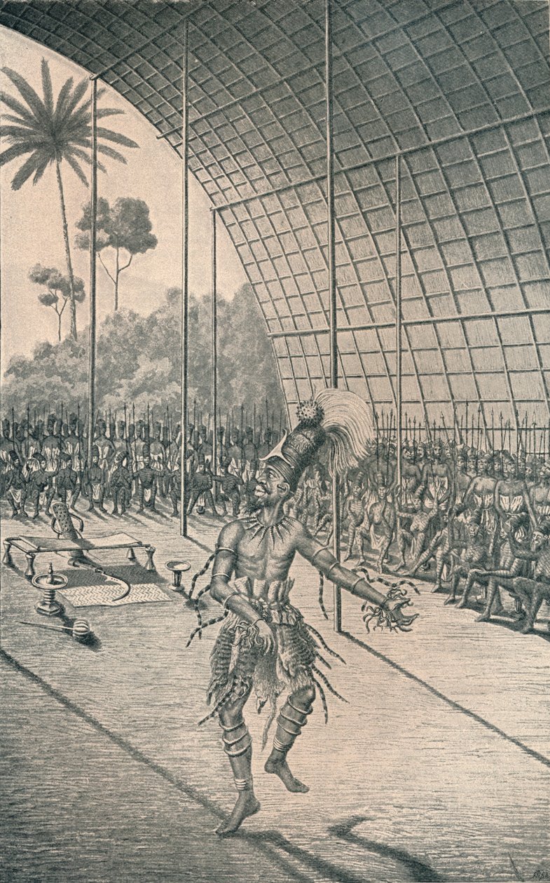 Der Mangbattu-König Munsa tanzt vor seinen Frauen und Kriegern, ca. 1870, 1903 von Unbekannt