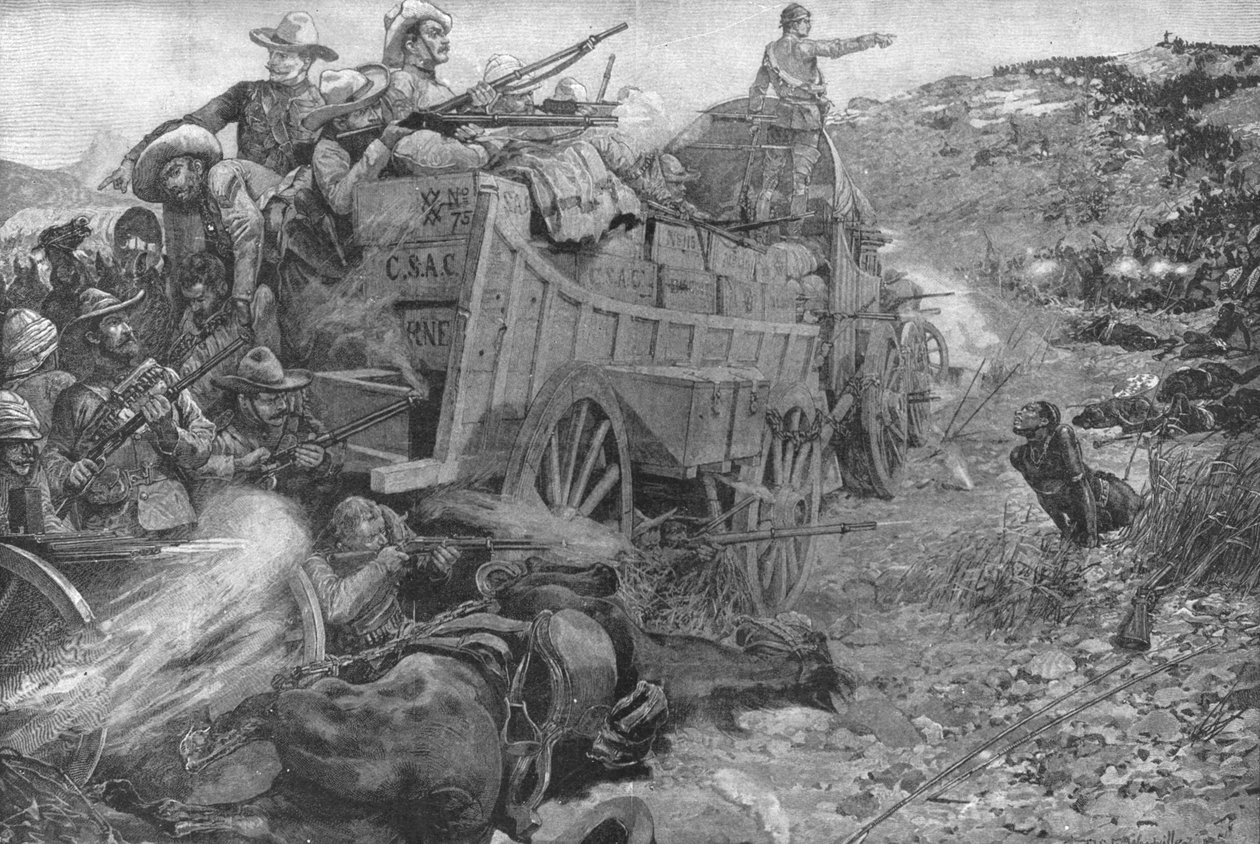 Der Matabele-Krieg, 1893: Angriff auf das Wagenlager am Imbembezi-Fluss, 1. November 1901 von Unbekannt
