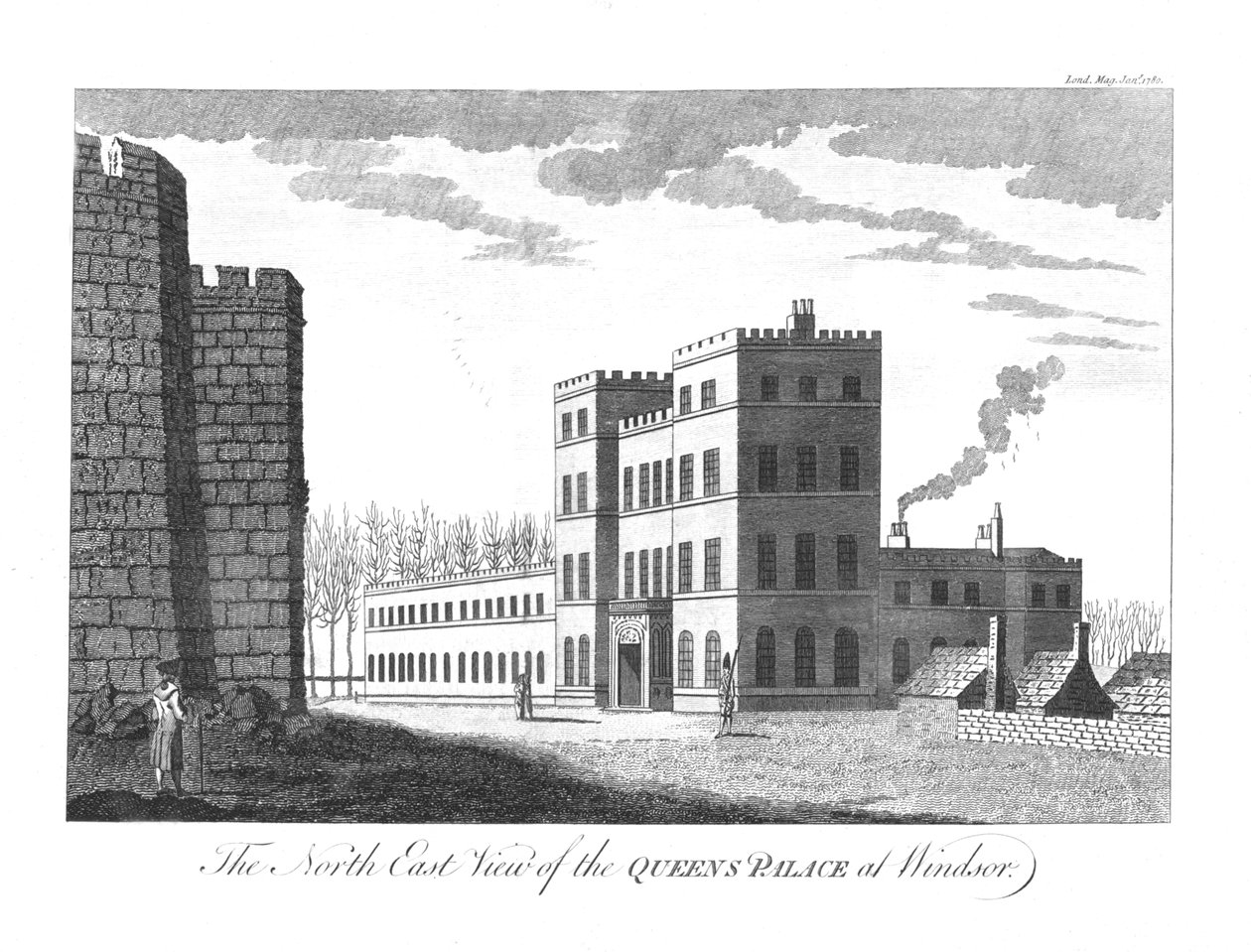 Die Nordostansicht des Königinnenpalastes in Windsor, 1780 von Unbekannt