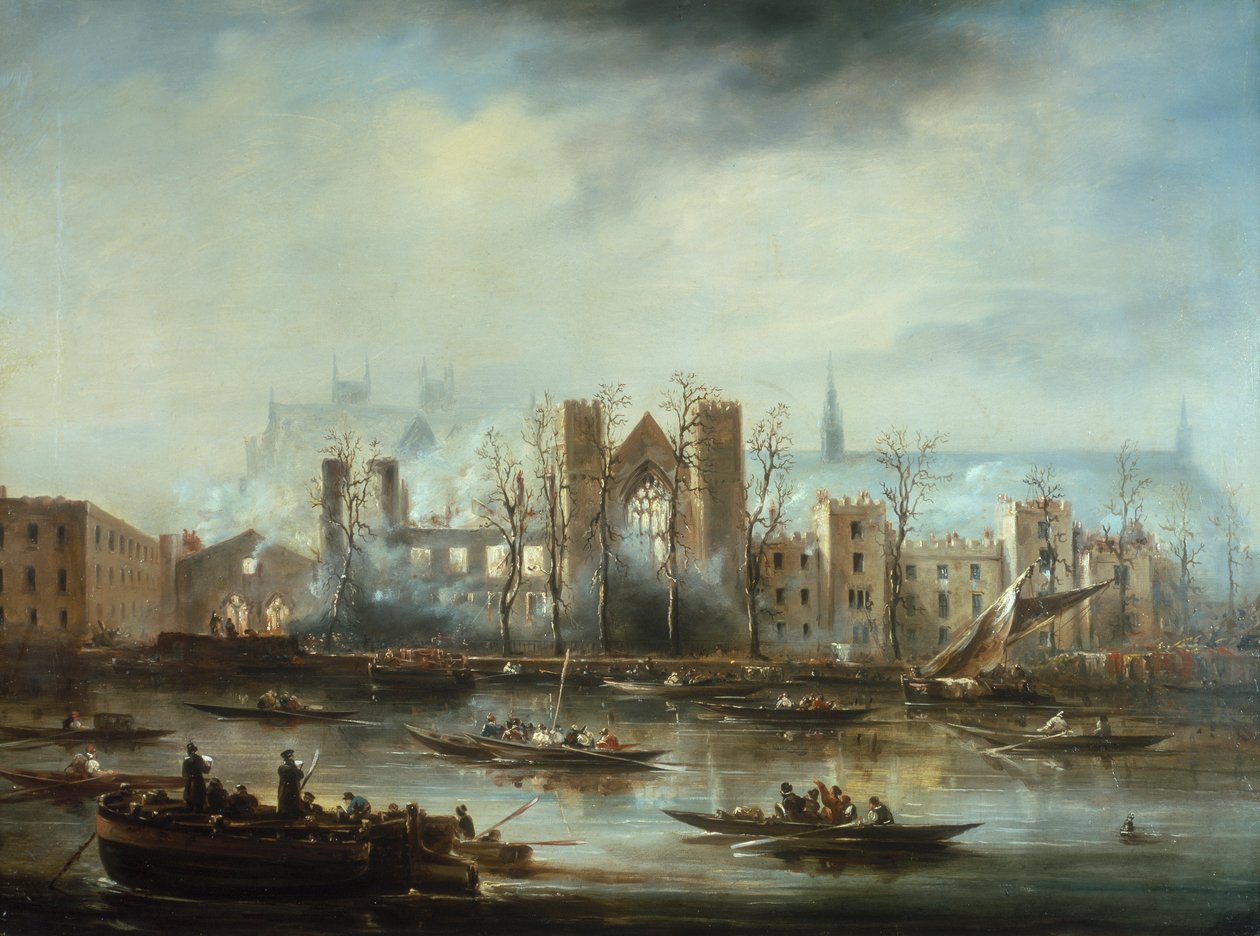 Der Palast von Westminster vom Fluss nach dem Brand von 1834, um 1834 von Unbekannt