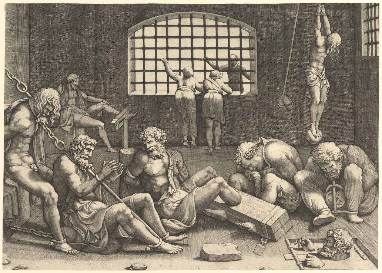 Das Gefängnis, eine Gruppe von Männern in einem Kerker, gefesselt in Ketten und Fesseln, rechts eine Figur.... von Unbekannt