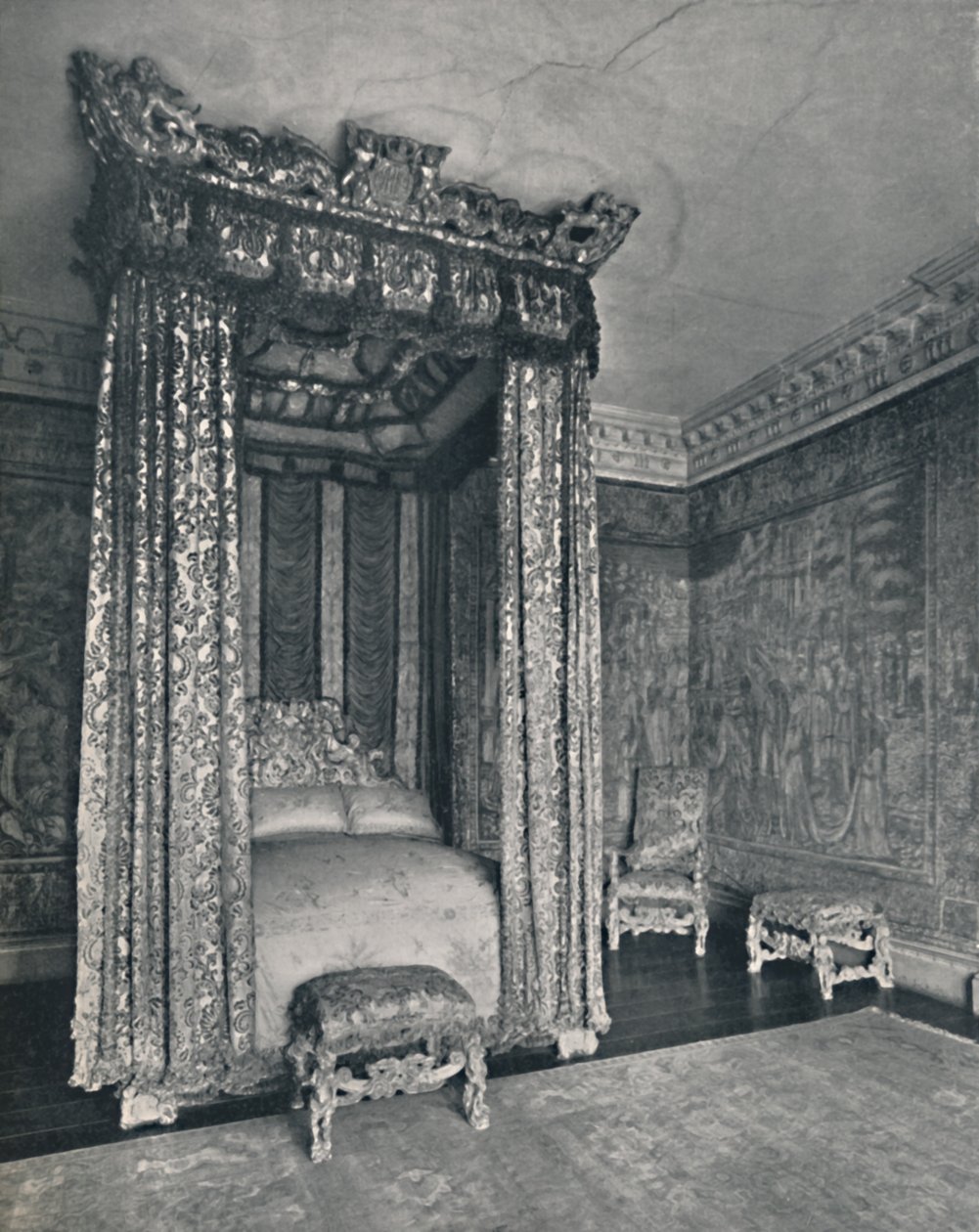 Die venezianischen Botschafterzimmer in Knole. Das Bettgestell für James I, der Stuhl und die Hocker von Unbekannt