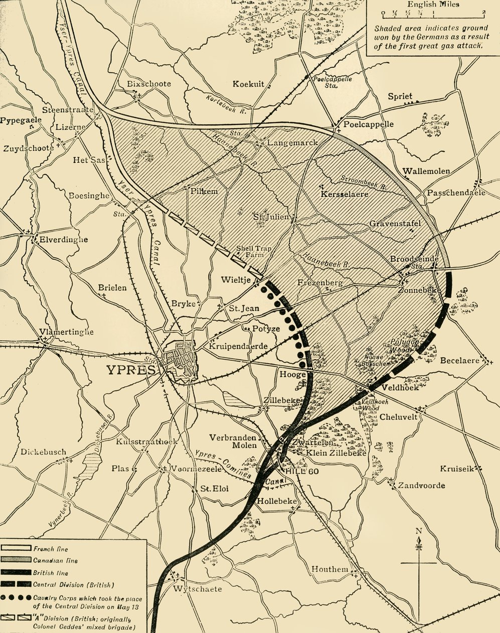 Der Ypernbogen vor und nach der Zweiten Schlacht von Ypern..., Erster Weltkrieg, 1915, ca. 1920 von Unbekannt