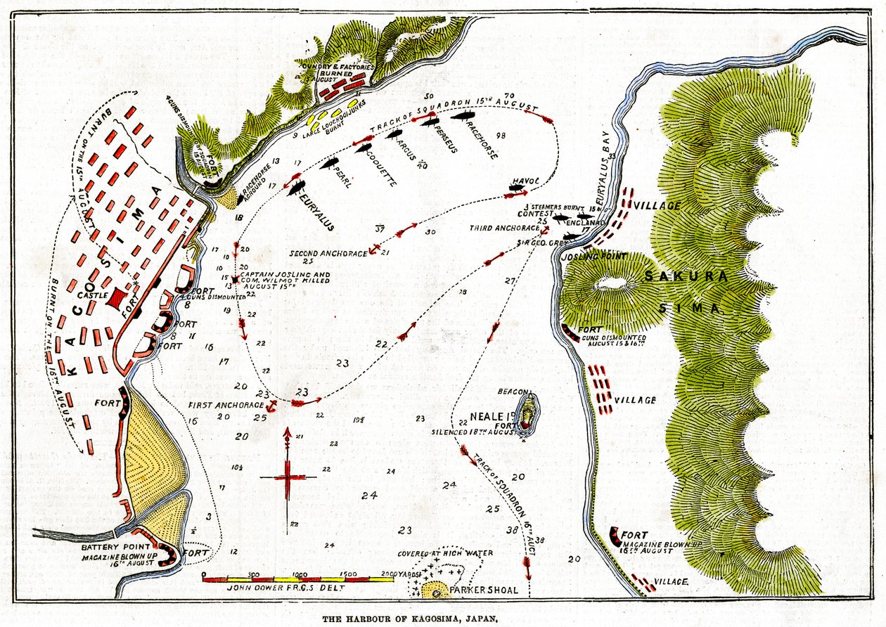 Die Bombardierung des Hafens von Kagoshima durch die Royal Navy, Japan, 1863 von Unbekannt