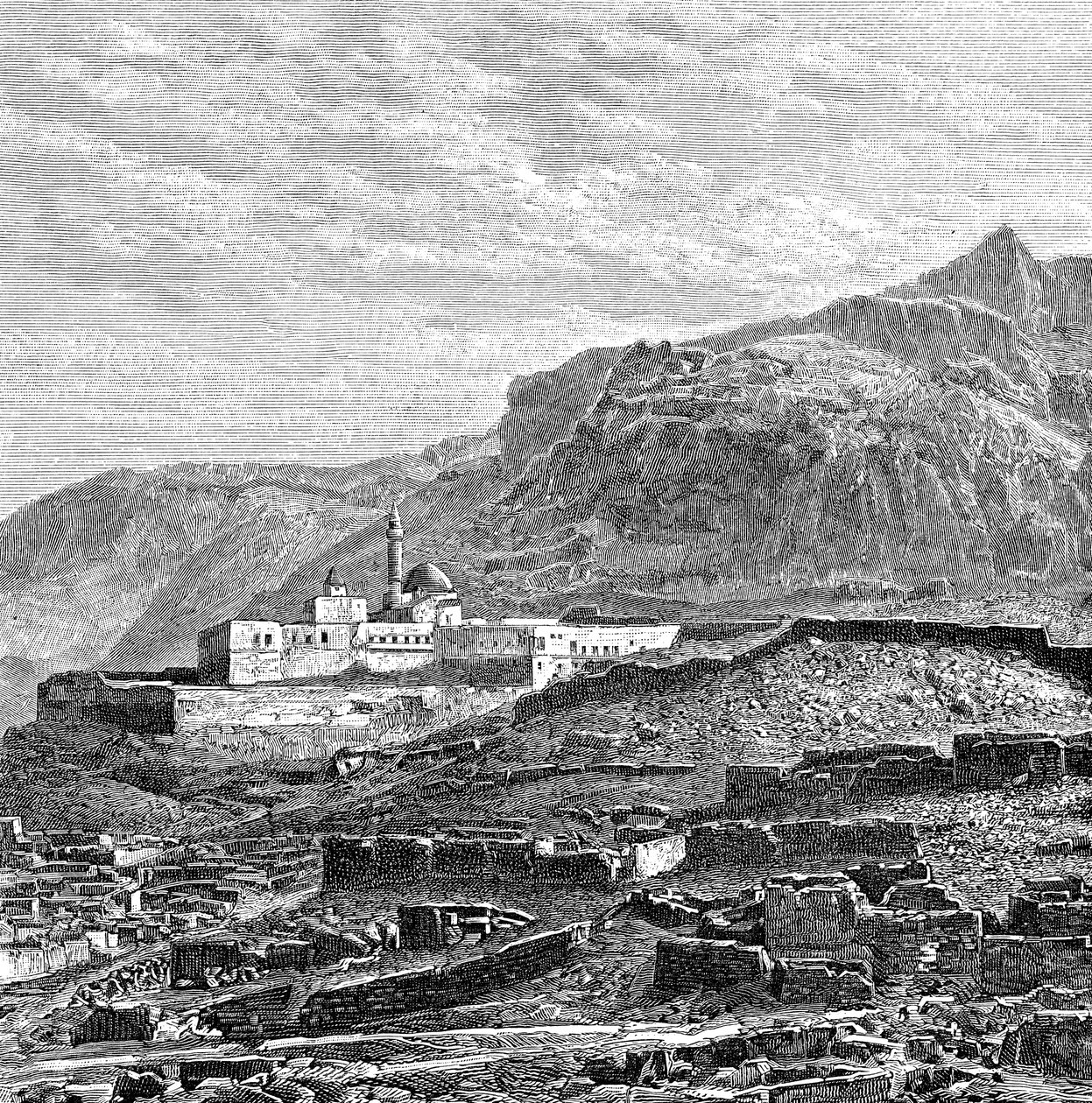 Die Moschee und das zerstörte Viertel von Bayazid Dogubayazit, Türkei, 1895 von Unbekannt
