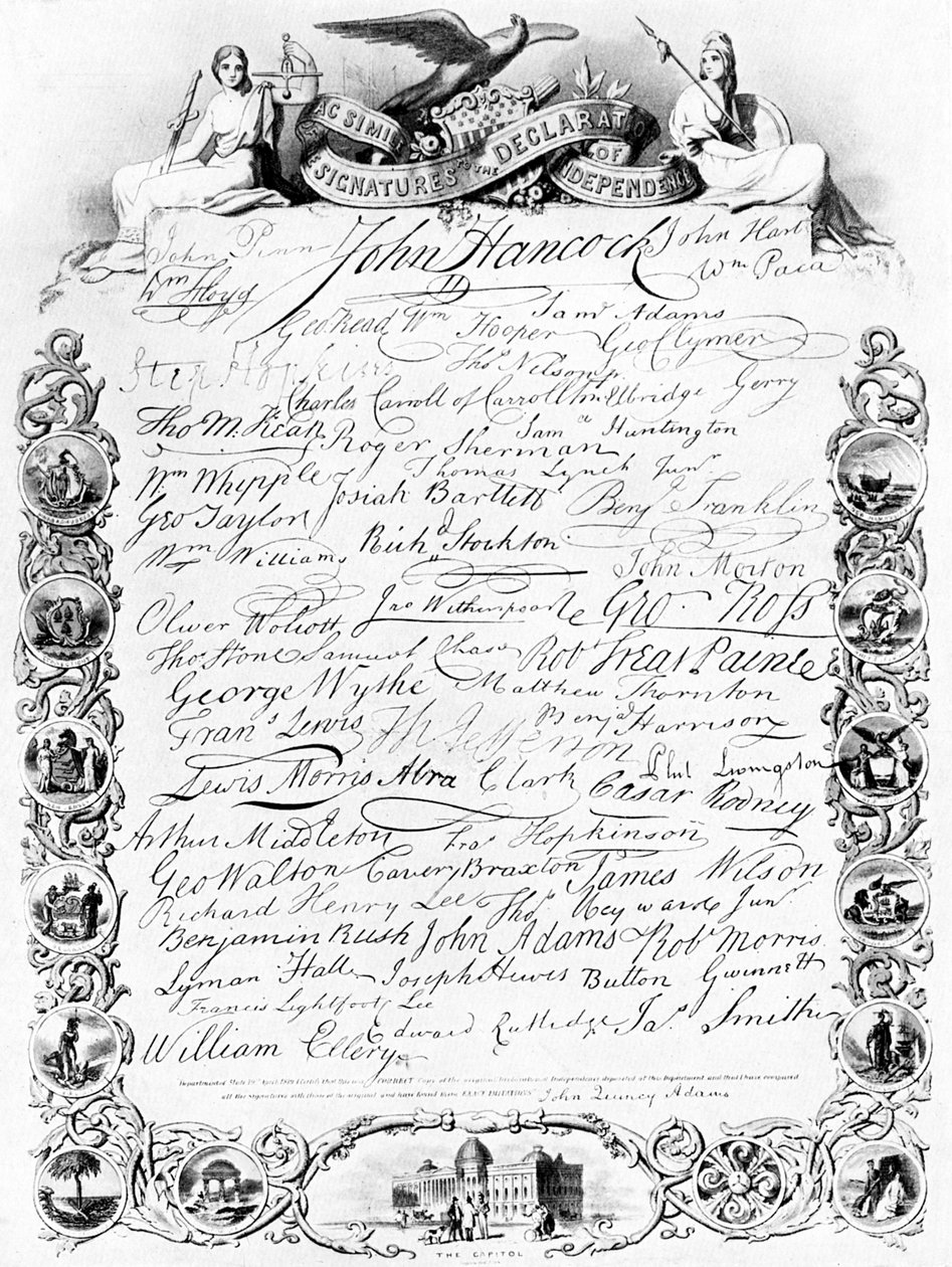 Die Unterschriften zur amerikanischen Unabhängigkeitserklärung, ca. 1776, ca. 1920 von Unbekannt