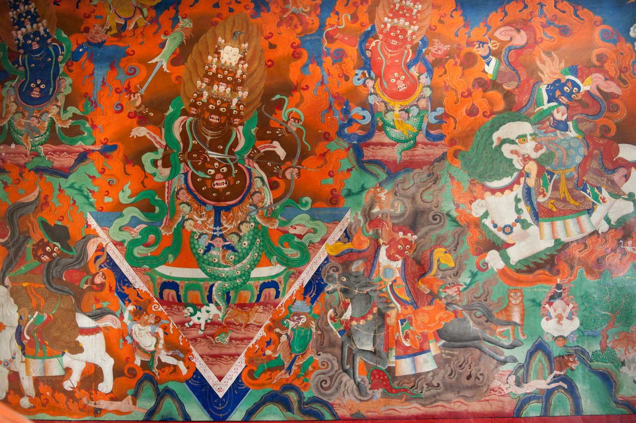 Tibetischer Buddhismus; alte Wandmalerei in der Versammlungshalle; Dämon kämpft mit Pfeil und Bogen; Trakthok Gompa Kloster; Sakti bei Leh; Ladakh Bezirk; Jammu und Kaschmir; Indien; Südasien; Asien von Unbekannt