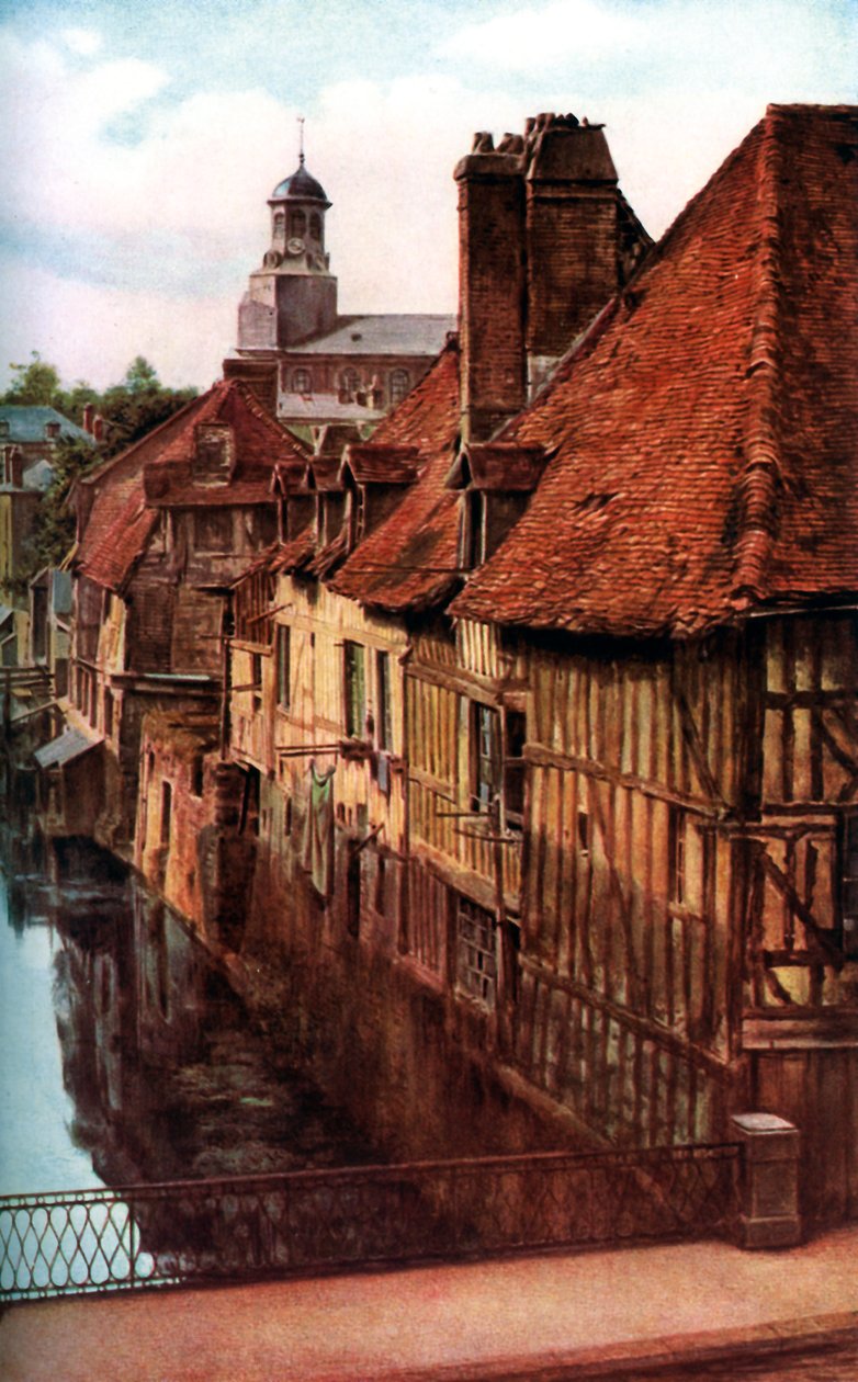 Fachwerkhäuser an der Pont de Caen in Caudebec-en-Caux, Normandie, Frankreich, ca. 1930er Jahre von Unbekannt