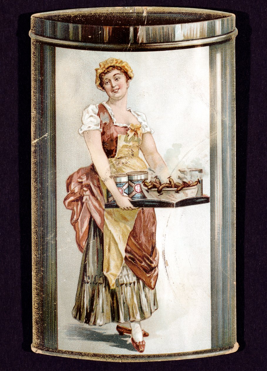 Handelskarte für Dosenwürstchen, produziert von Heinrich Bauer aus Frankfurt am Main, Deutschland, ca. 1895 von Unbekannt